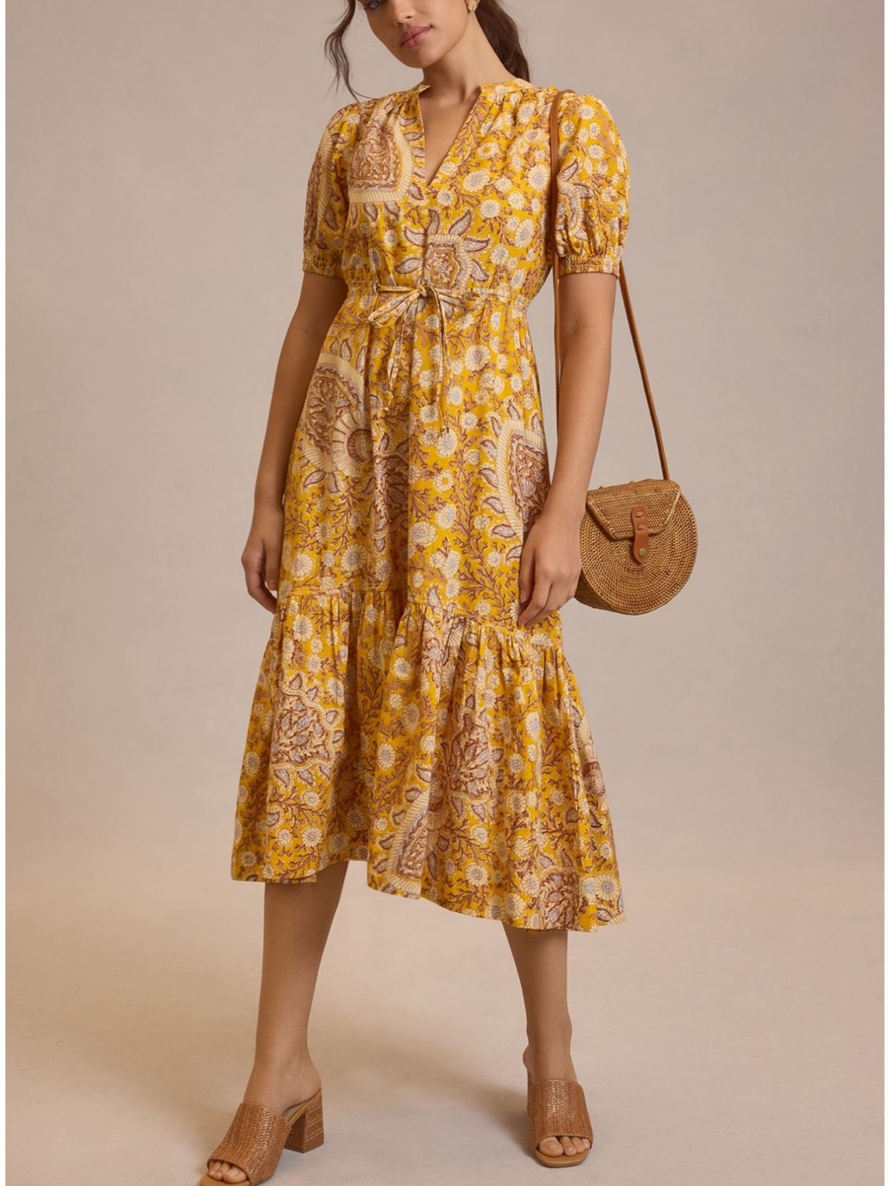 Anthropologie Yellow Paisley-Print Midi Dress with Tie Waist